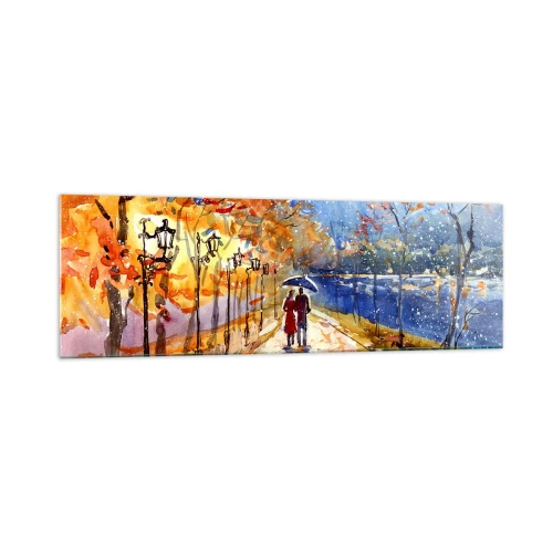 Impression sur verre - Image sur verre - Une promenade d'automne dans le parc au bord de la rivière sous un parasol - 160x50cm - Ensemble jusqu'au bout du temps - Décoration murale moderne pour le salon et la chambre ARTTOR