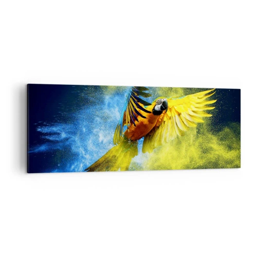 Impression sur toile - Image sur toile - Un perroquet en vol sur fond d'explosions colorées de jaune et de bleu. - 140x50cm - Dans la poussière bleue et dorée - Décoration murale moderne pour le salon et la chambre ARTTOR