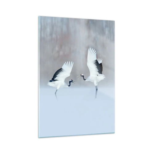Impression sur verre - Image sur verre - Grues dansantes sur fond de paysage hivernal - 50x70cm - Danse dans le brouillard - Décoration murale moderne pour le salon et la chambre ARTTOR