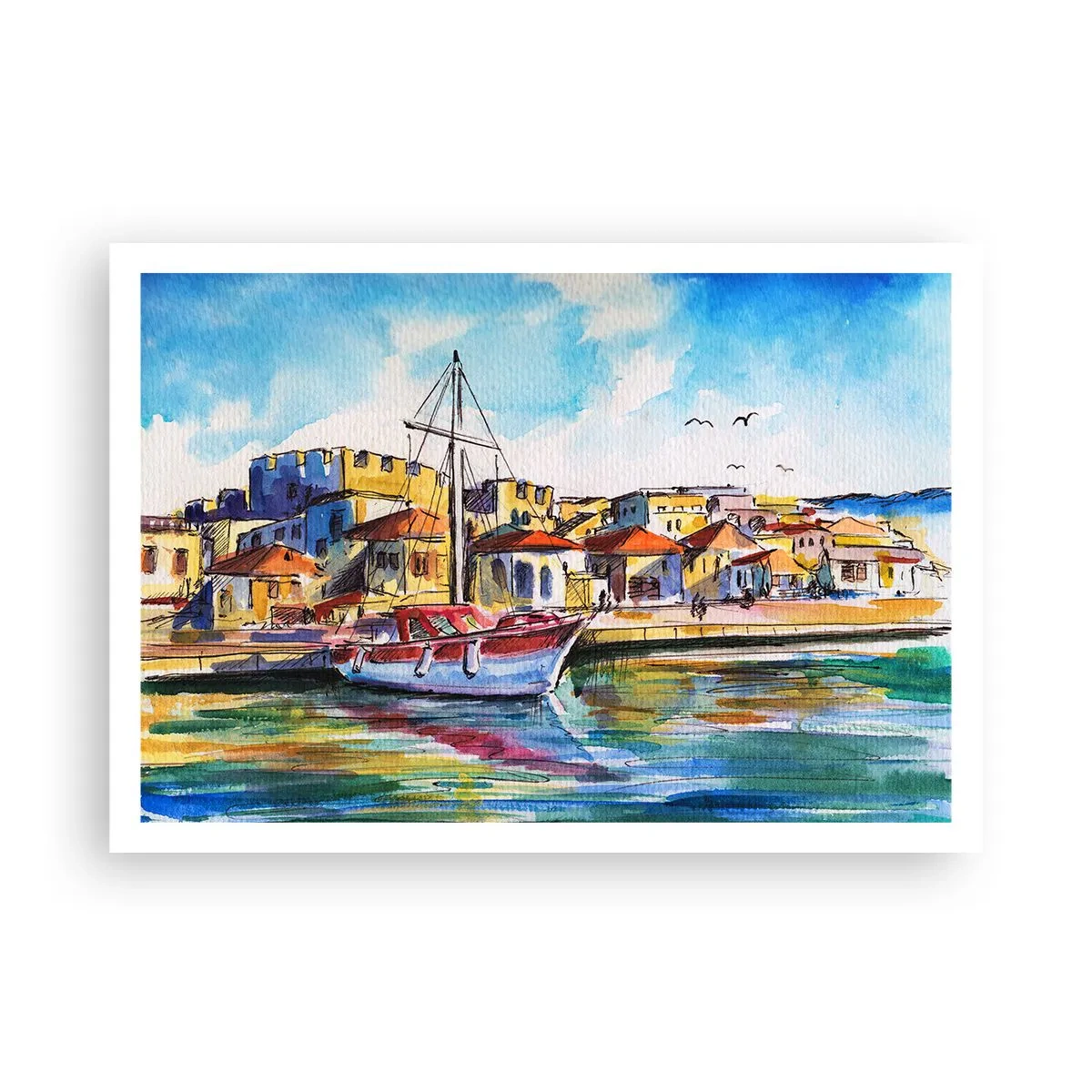 Affiche - Poster - Un port pittoresque avec un bateau et des bâtiments colorés - 100x70cm - Après-midi arc-en-ciel - Décoration murale moderne pour le salon et la chambre ARTTOR