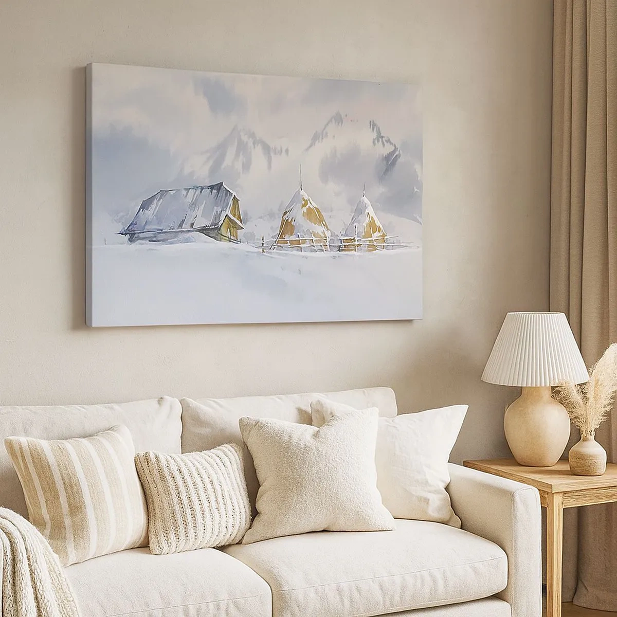 Impression sur toile - Image sur toile - Paysage d'hiver avec un chalet et des meules de foin dans les montagnes - 70x50cm - Dans une vallée enneigée - Décoration murale moderne pour le salon et la chambre ARTTOR