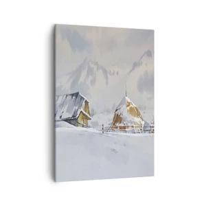 Impression sur toile - Image sur toile - Paysage d'hiver avec un chalet et des meules de foin dans les montagnes - 50x70cm - Dans une vallée enneigée - Décoration murale moderne pour le salon et la chambre ARTTOR