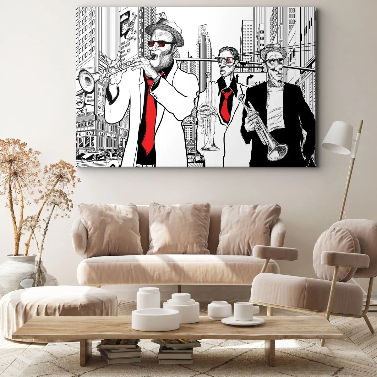 Impression sur toile - Image sur toile - Illustration de musiciens de jazz sur fond urbain - 70x50cm - Rhapsodie urbaine en noir et rouge - Décoration murale moderne pour le salon et la chambre ARTTOR