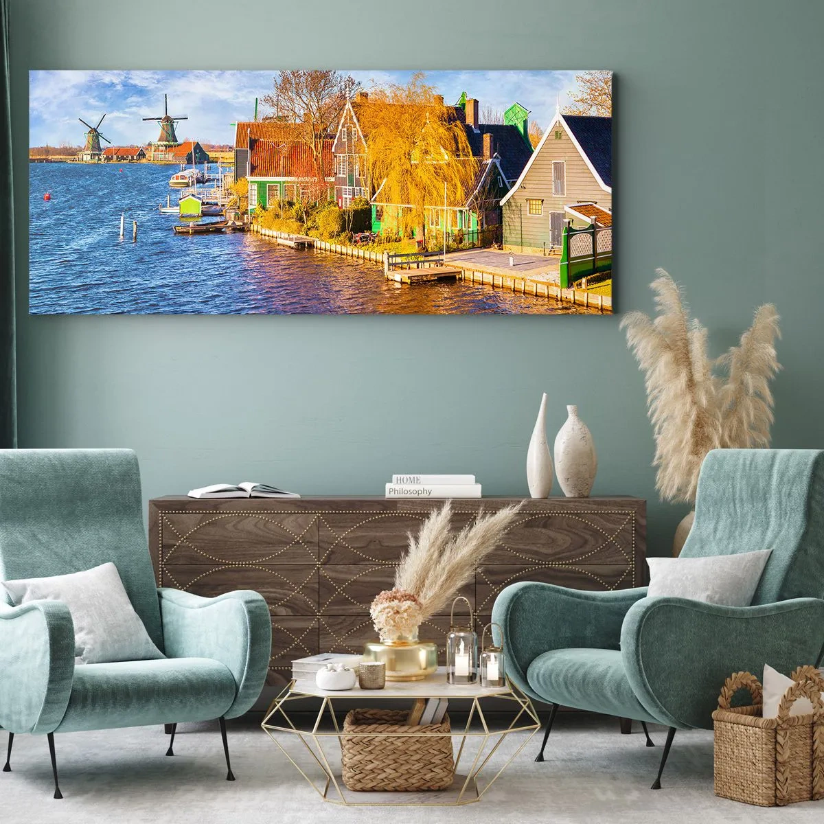 Impression sur toile - Image sur toile - Maisons pittoresques et moulins à vent au bord de l'eau - 140x50cm - C'est pareil depuis des lustres - Décoration murale moderne pour le salon et la chambre ARTTOR