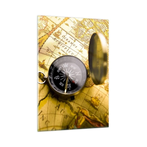 Impression sur verre - Image sur verre - Une boussole antique sur fond d'une vieille carte du monde - 80x120cm - Ou peut-être jusqu'au bout du monde ? - Décoration murale moderne pour le salon et la chambre ARTTOR