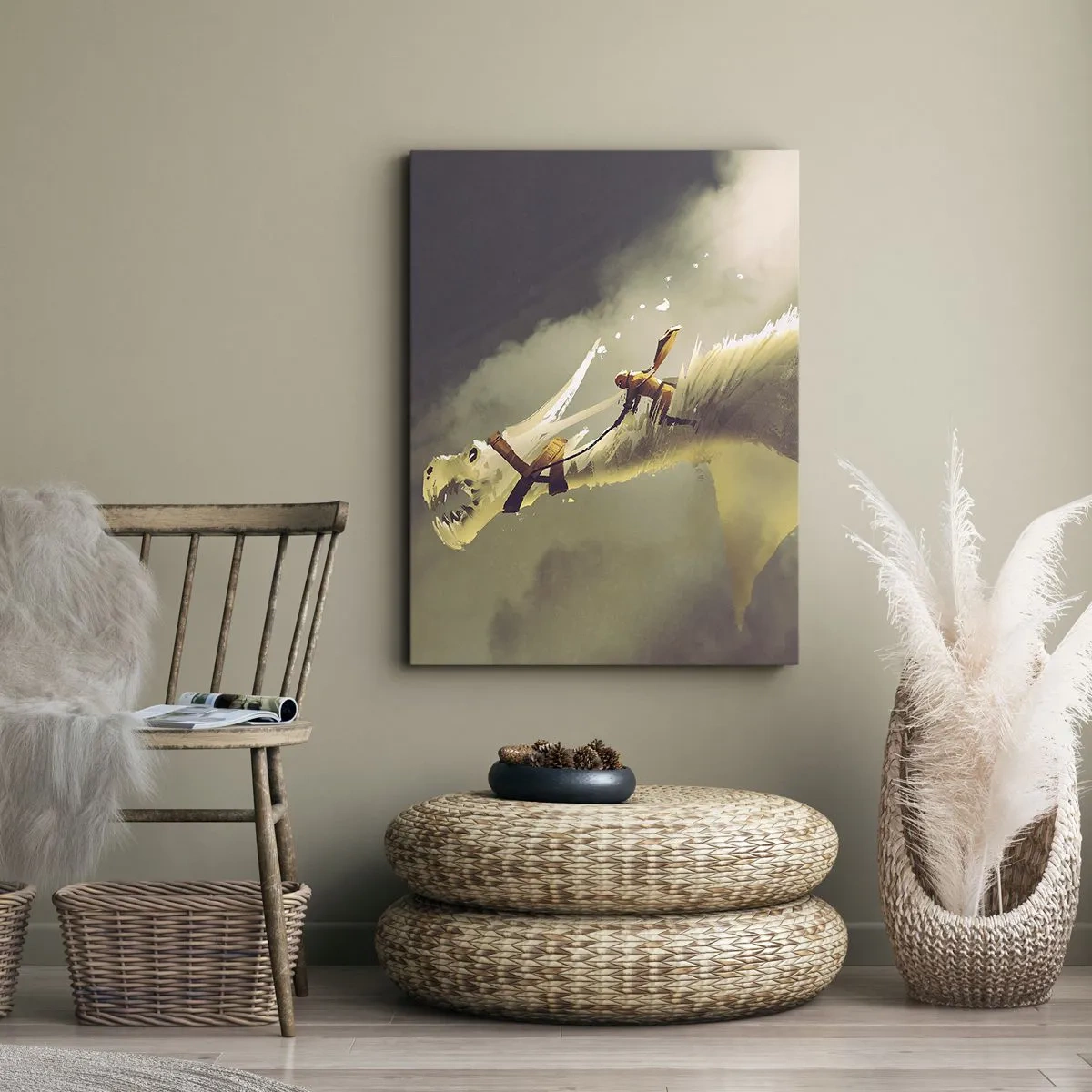 Impression sur toile - Image sur toile - Illustration d'un cavalier de dragon dans un paysage nuageux fantastique - 80x120cm - Le monde à la rescousse - Décoration murale moderne pour le salon et la chambre ARTTOR