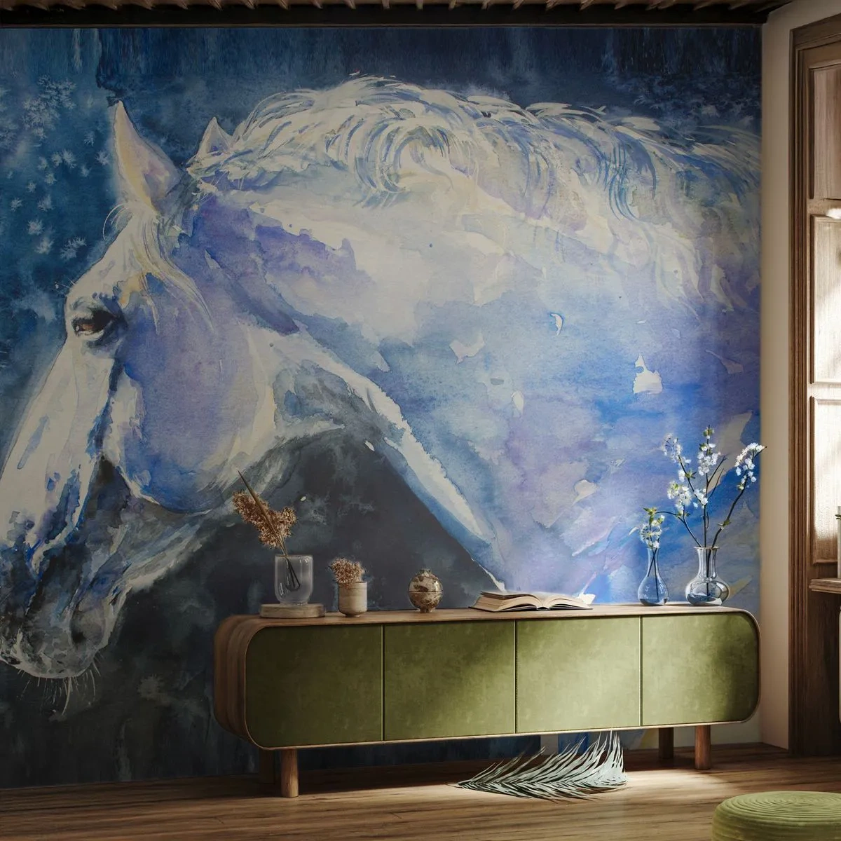 Papier Peint Photo Premium Canvas - Portrait dans une lueur azur - Cheval, Peinture, Animaux - 450x315 cm