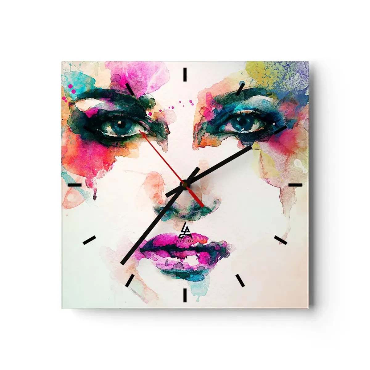 Horloge murale - Pendule murale - Portrait abstrait d'une femme aux couleurs intenses - 30x30cm - Un portrait peint avec un arc-en-ciel - Décoration murale moderne pour le salon et la chambre ARTTOR