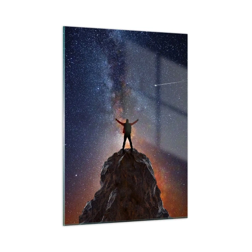 Impression sur verre - Image sur verre - Silhouette d'un homme au sommet d'un rocher sous un ciel étoilé - 50x70cm - Le force est avec moi! - Décoration murale moderne pour le salon et la chambre ARTTOR