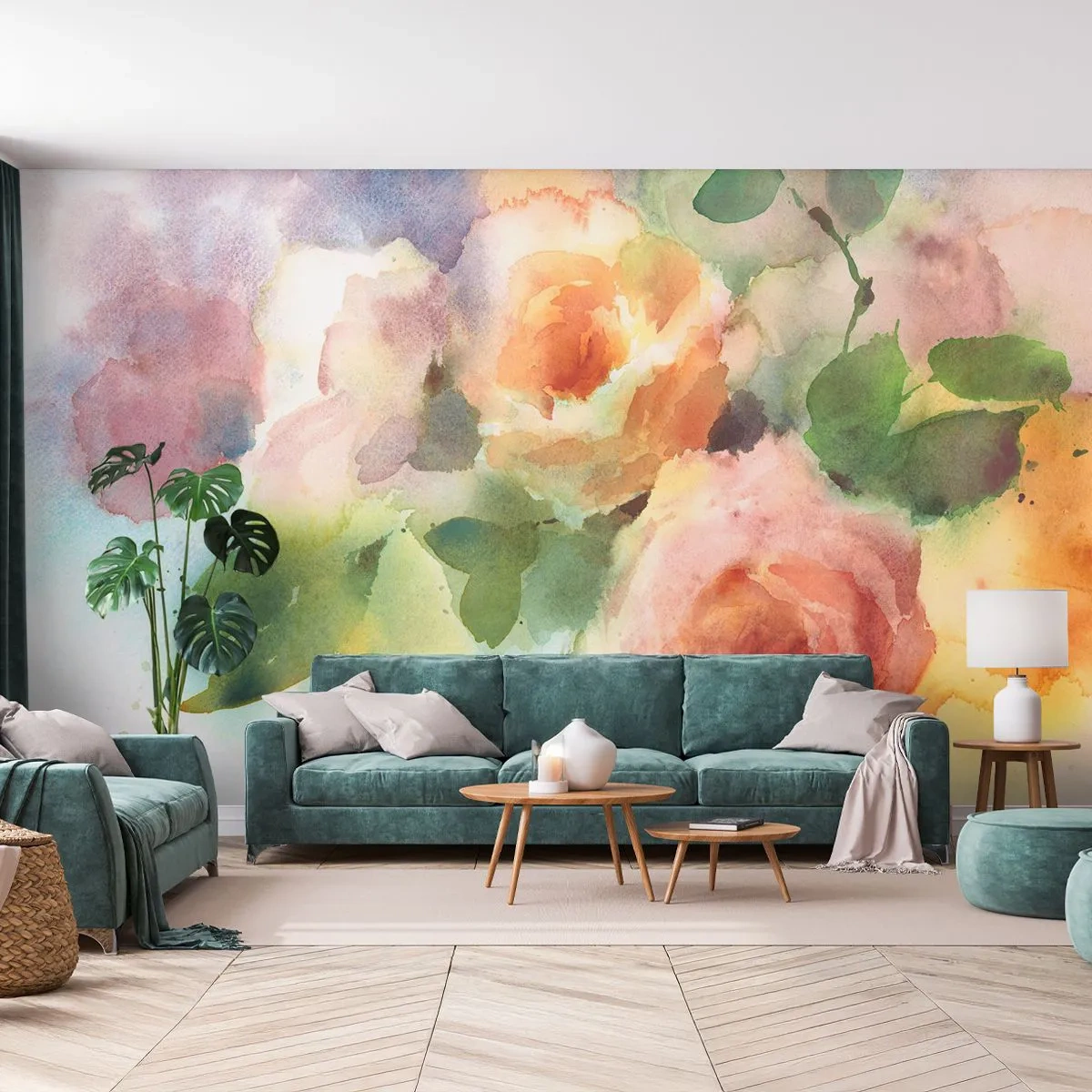 Papier Peint Photo Premium Canvas - Délicat comme l'aquarelle - Fleurs, Des roses, Bouquet - 200x140 cm