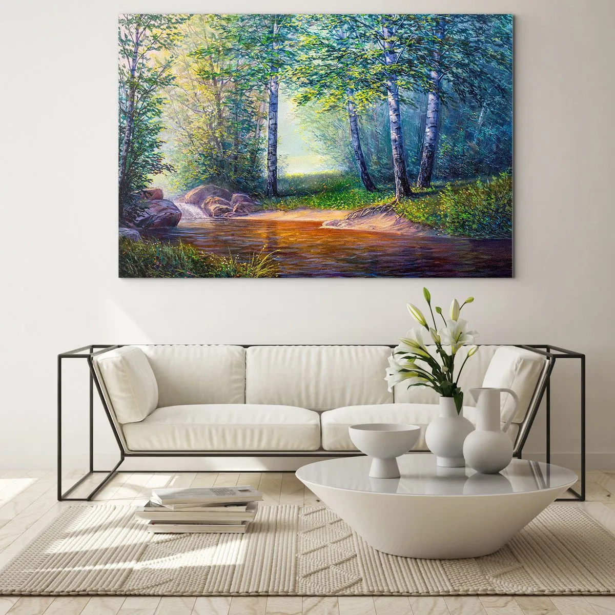 Impression sur verre - Image sur verre - Un ruisseau forestier entouré d'arbres sous les rayons du soleil - 70x50cm - Paysage idyllique - Décoration murale moderne pour le salon et la chambre ARTTOR