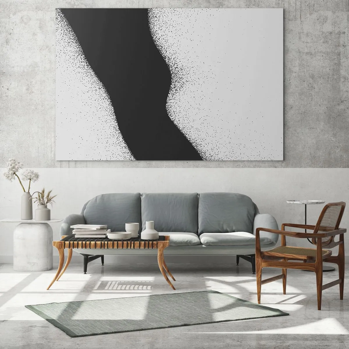 Impression sur verre - Image sur verre - Motif abstrait noir et blanc avec des points délicats sur toile - 120x50cm - Équilibre fluide - Décoration murale moderne pour le salon et la chambre ARTTOR