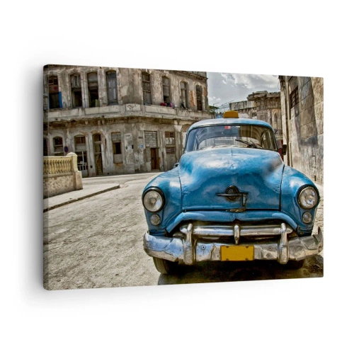 Impression sur toile - Image sur toile - Une vieille voiture bleue dans la rue dans un style rétro - 70x50cm - L'ancien est beau - Décoration murale moderne pour le salon et la chambre ARTTOR