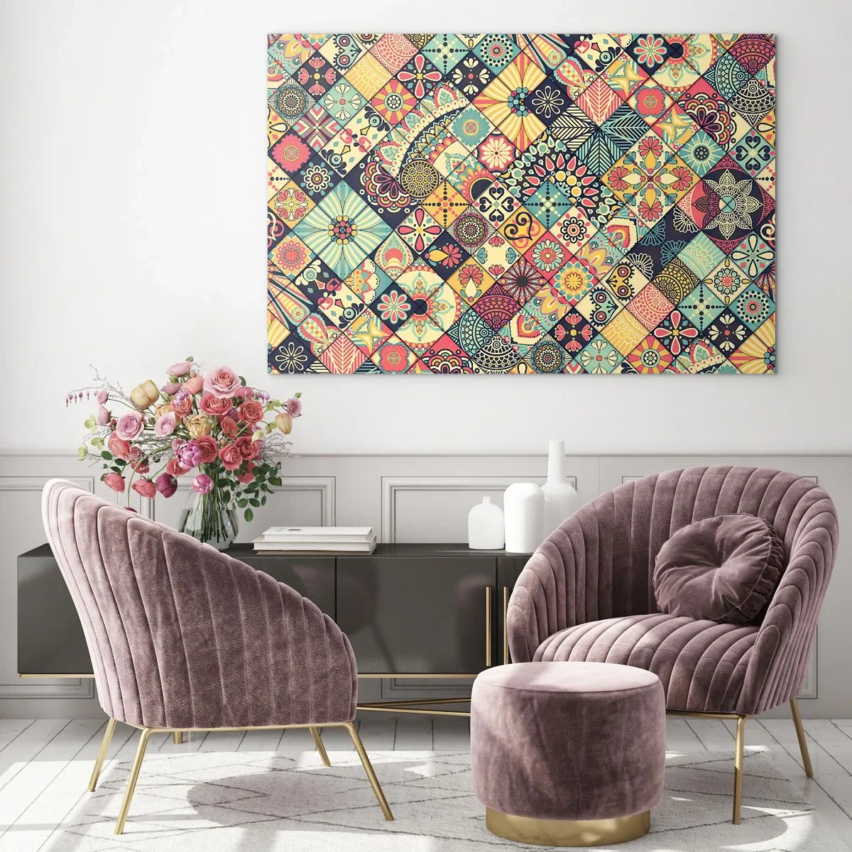 Impression sur verre - Image sur verre - Un motif coloré inspiré des carreaux marocains aux motifs géométriques - 120x80cm - Ambiance marocaine - Décoration murale moderne pour le salon et la chambre ARTTOR