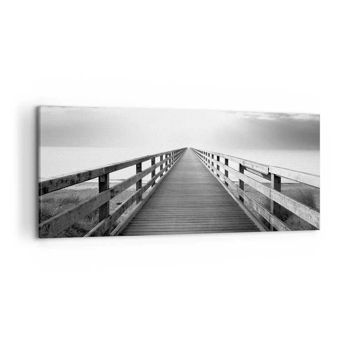 Impression sur toile - Image sur toile - Une image en noir et blanc d'une jetée en bois menant vers l'horizon. - 120x50cm - A perte de vue... - Décoration murale moderne pour le salon et la chambre ARTTOR
