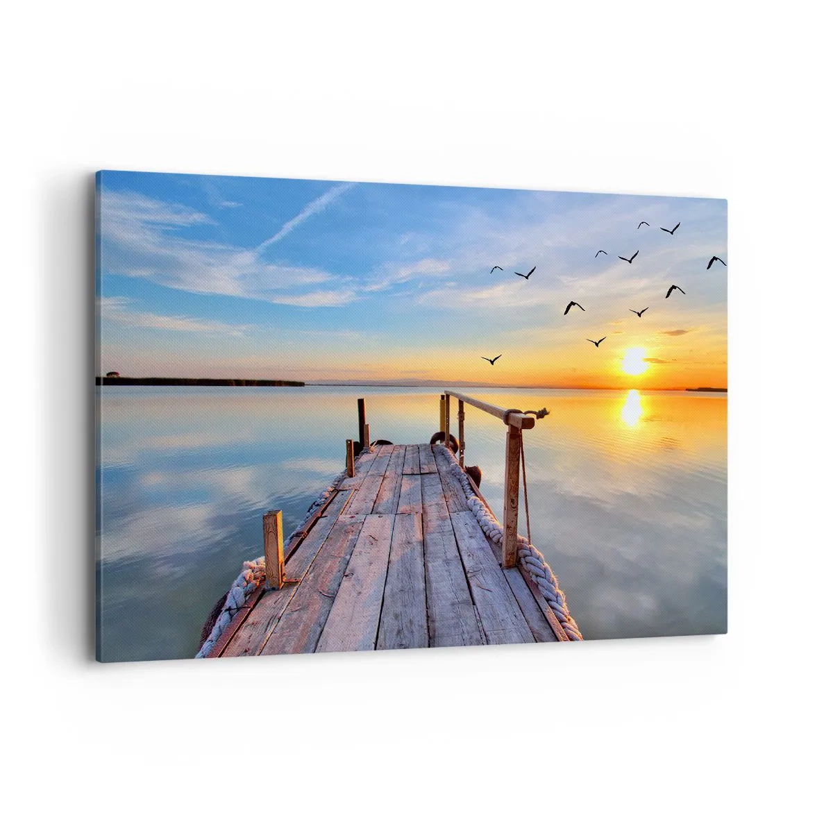 Impression sur toile - Image sur toile - Jetée en bois au coucher du soleil sur un lac calme - 120x80cm - Marcher droit vers le soleil - Décoration murale moderne pour le salon et la chambre ARTTOR
