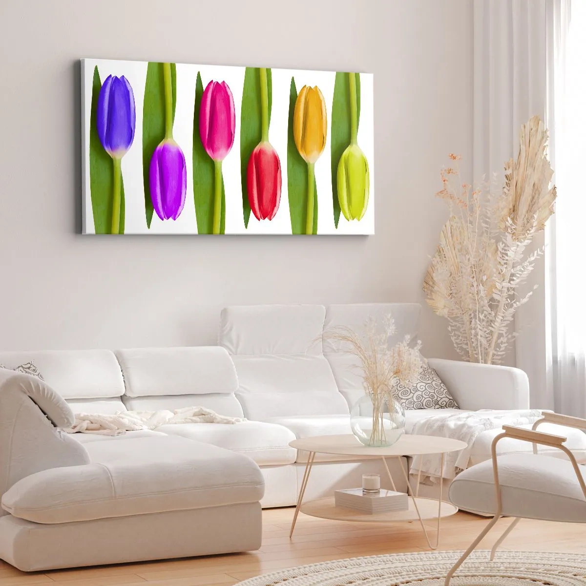 Impression sur toile - Image sur toile - Tulipes multicolores disposées en rangée sur fond blanc - 120x50cm - Composition arc-en-ciel - Décoration murale moderne pour le salon et la chambre ARTTOR