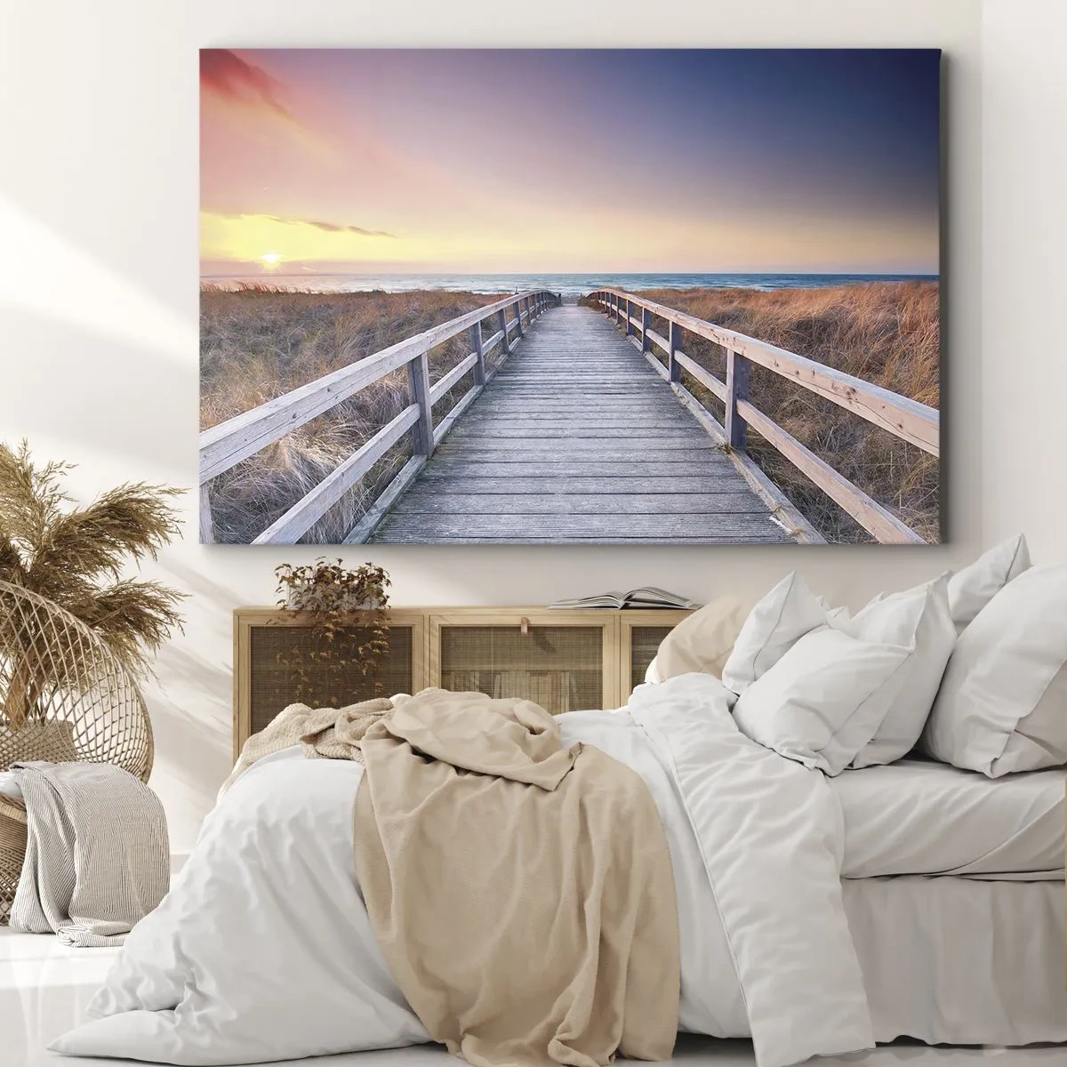 Impression sur toile - Image sur toile - Une jetée en bois menant à la plage au coucher du soleil avec le ciel peint de couleurs pastel. - 120x80cm - Aurore baltique du soir - Décoration murale moderne pour le salon et la chambre ARTTOR