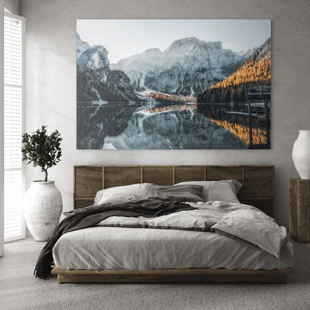 Impression sur verre - Image sur verre - Un paysage de montagne se reflétant dans la surface calme du lac - 120x80cm - Reflet de paysage - Décoration murale moderne pour le salon et la chambre ARTTOR