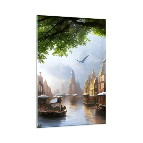 Impression sur verre - Image sur verre - Un paysage hollandais pittoresque avec un canal et des maisons de rapport - 80x120cm - Paysage urbain néerlandais - Décoration murale moderne pour le salon et la chambre ARTTOR