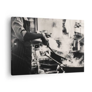 Impression sur toile - Image sur toile - Un chef au travail dans la cuisine avec de la vapeur s'élevant d'une poêle à frire - 70x50cm - Alchimie des saveurs - Décoration murale moderne pour le salon et la chambre ARTTOR