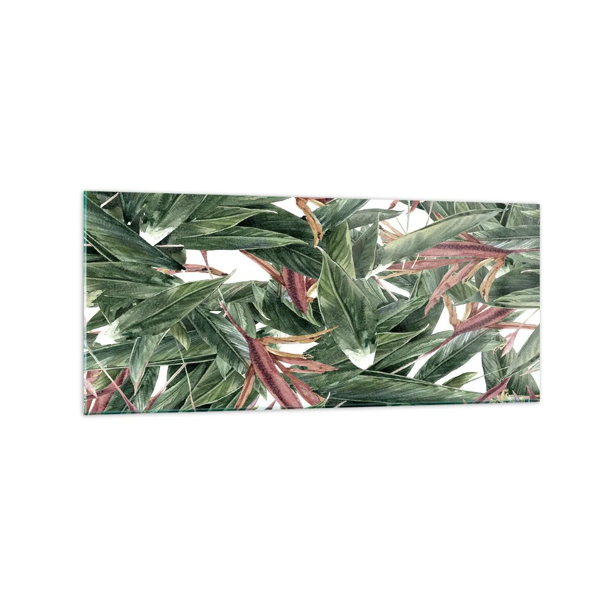 Impression sur verre - Image sur verre - Un motif de feuille décoratif dans des tons de vert et de bordeaux sur un fond clair - 120x50cm - Arbuste émeraude-lilas - Décoration murale moderne pour le salon et la chambre ARTTOR