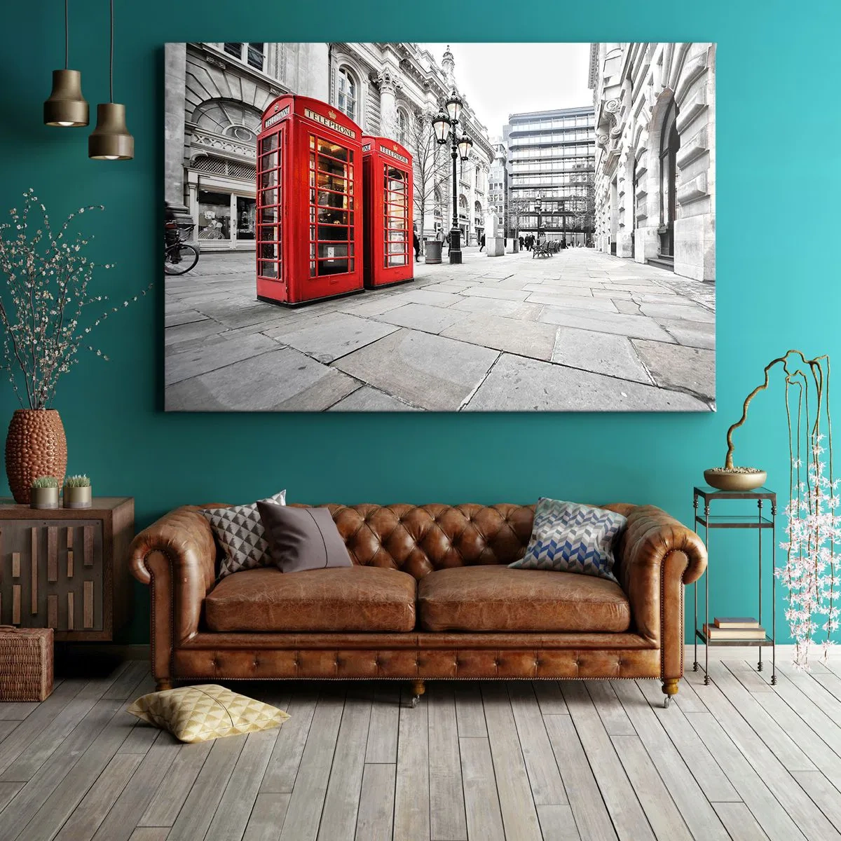 Impression sur toile - Image sur toile - Cabines téléphoniques rouges sur fond de paysage urbain - 100x70cm - Welcome to London - Décoration murale moderne pour le salon et la chambre ARTTOR