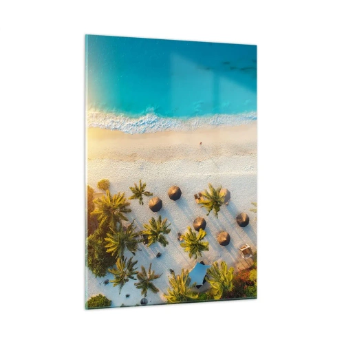 Impression sur verre - Image sur verre - Vue aérienne d'une plage tropicale avec palmiers et parasols - 50x70cm - Bienvenue au paradis - Décoration murale moderne pour le salon et la chambre ARTTOR