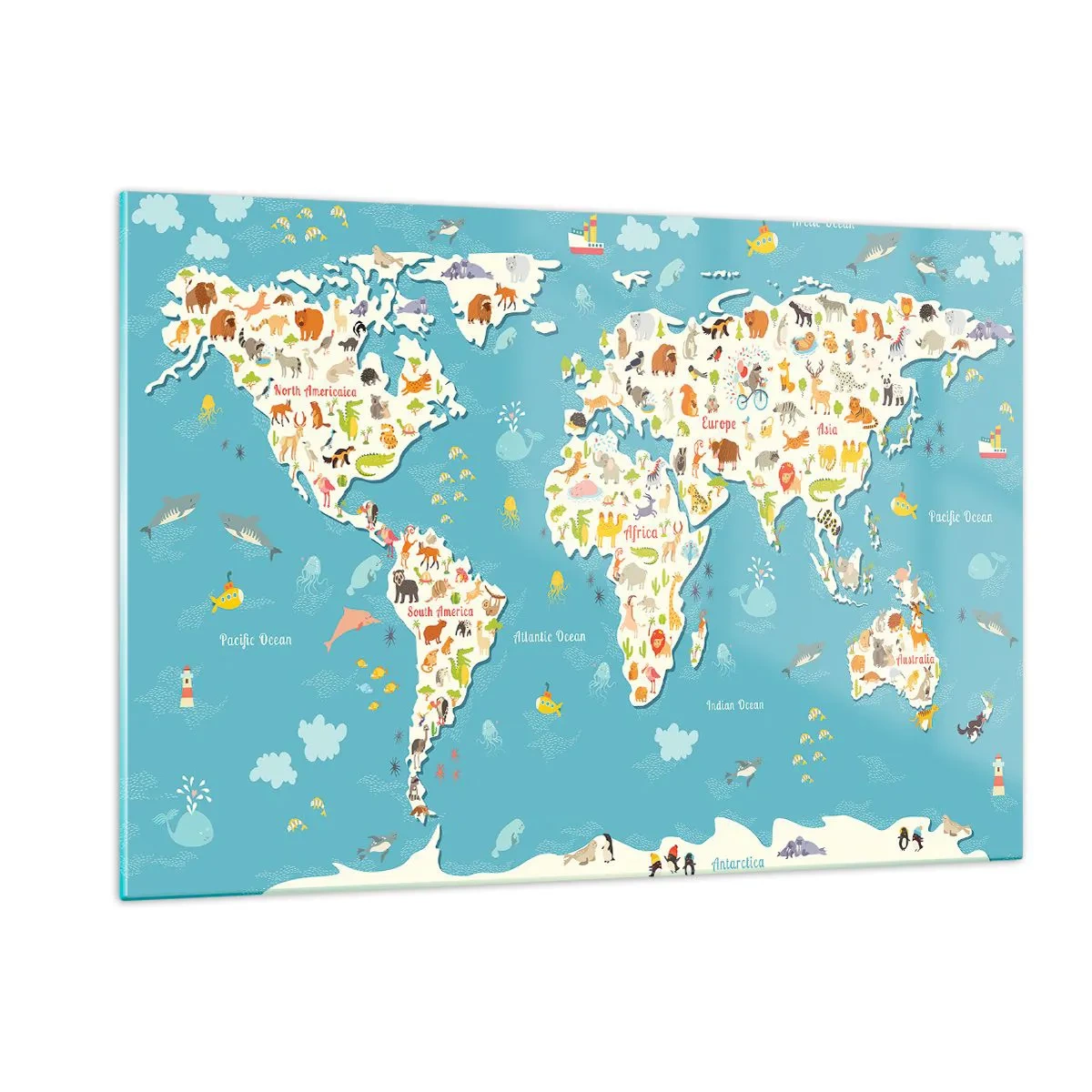 Impression sur verre - Image sur verre - Carte du monde colorée avec des motifs d'animaux et d'océan - 120x80cm - Nous aimons le monde entier - Décoration murale moderne pour le salon et la chambre ARTTOR