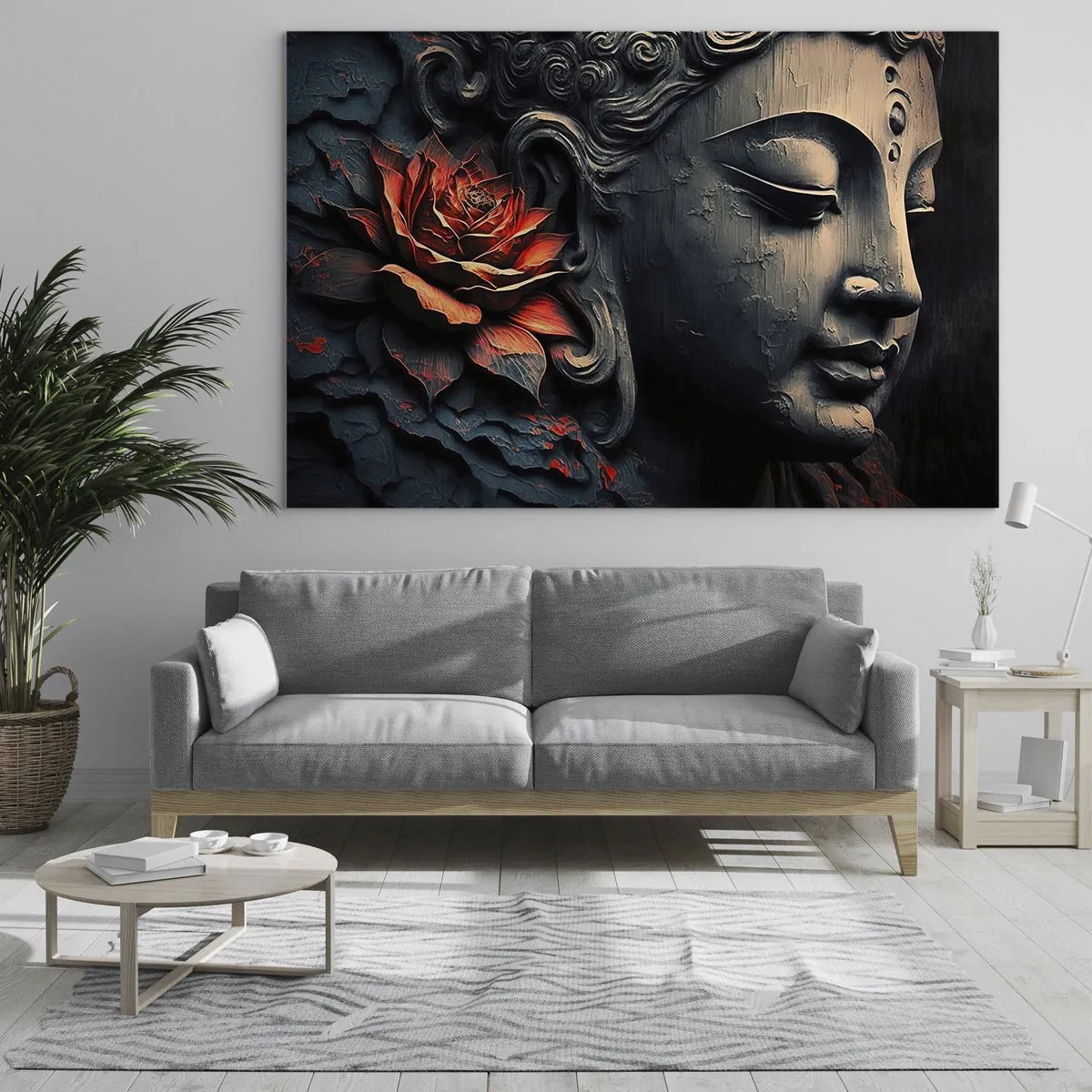 Impression sur verre - Image sur verre - Profil d'une figure méditante avec une fleur rouge sur un fond sombre. - 70x50cm - En harmonie avec le monde - Décoration murale moderne pour le salon et la chambre ARTTOR