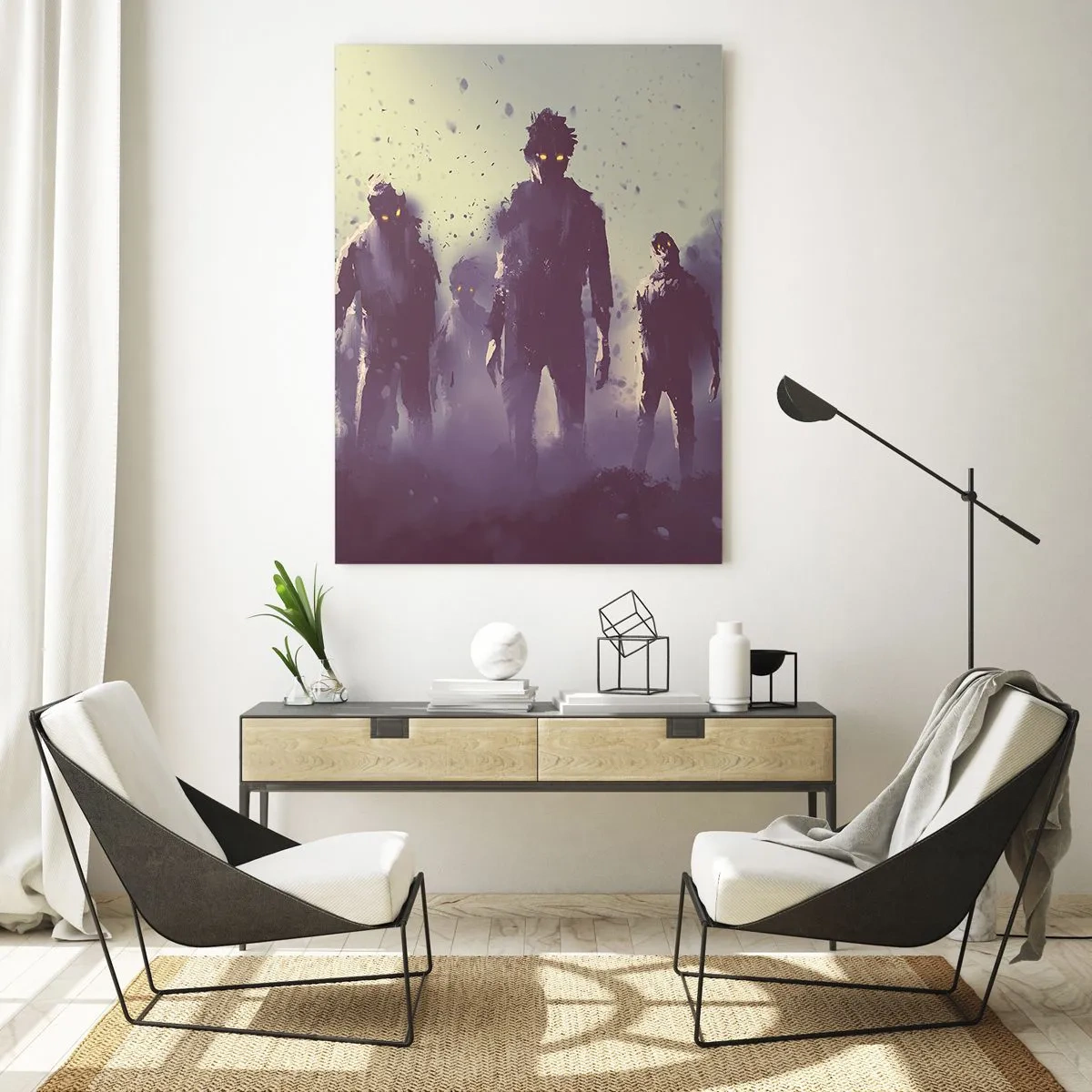 Impression sur verre - Image sur verre - Une illustration sombre d'un groupe de personnages dans le brouillard - 50x70cm - Fais attention! Ils arrivent - Décoration murale moderne pour le salon et la chambre ARTTOR