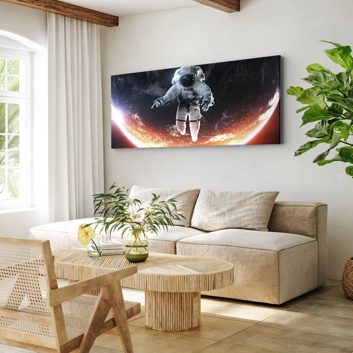 Impression sur toile - Image sur toile - Un astronaute flottant au-dessus d'une Terre éclairée par le soleil - 120x50cm - Puis-je rester un peu plus longtemps ? - Décoration murale moderne pour le salon et la chambre ARTTOR
