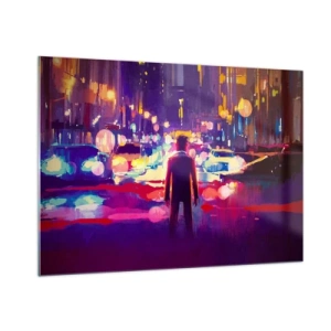 Impression sur verre - Image sur verre - Une silhouette dans une veilleuse urbaine colorée et futuriste - 100x70cm - Immergé dans la lumière - Décoration murale moderne pour le salon et la chambre ARTTOR