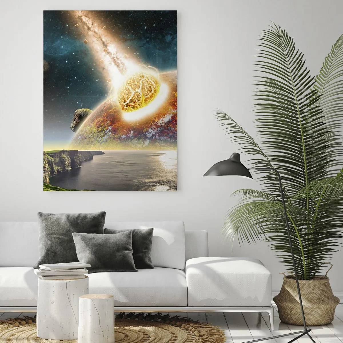 Impression sur verre - Image sur verre - Une météorite entre en collision avec une planète dans un paysage cosmique. - 70x100cm - Drame spatial - Décoration murale moderne pour le salon et la chambre ARTTOR