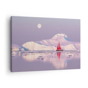 Impression sur toile - Image sur toile - Une voile rouge sur fond de montagnes glacées et de pleine lune. - 70x50cm - La chaleur de la voile, le froid de la glace - Décoration murale moderne pour le salon et la chambre ARTTOR
