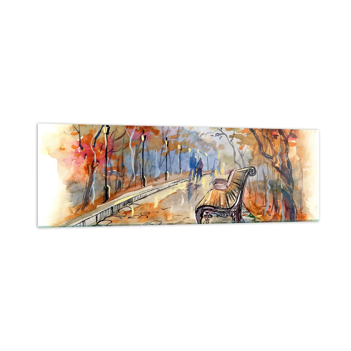 Impression sur verre - Image sur verre - Un parc d'automne avec un banc à l'aquarelle - 160x50cm - Errer ensemble à l'automne - Décoration murale moderne pour le salon et la chambre ARTTOR