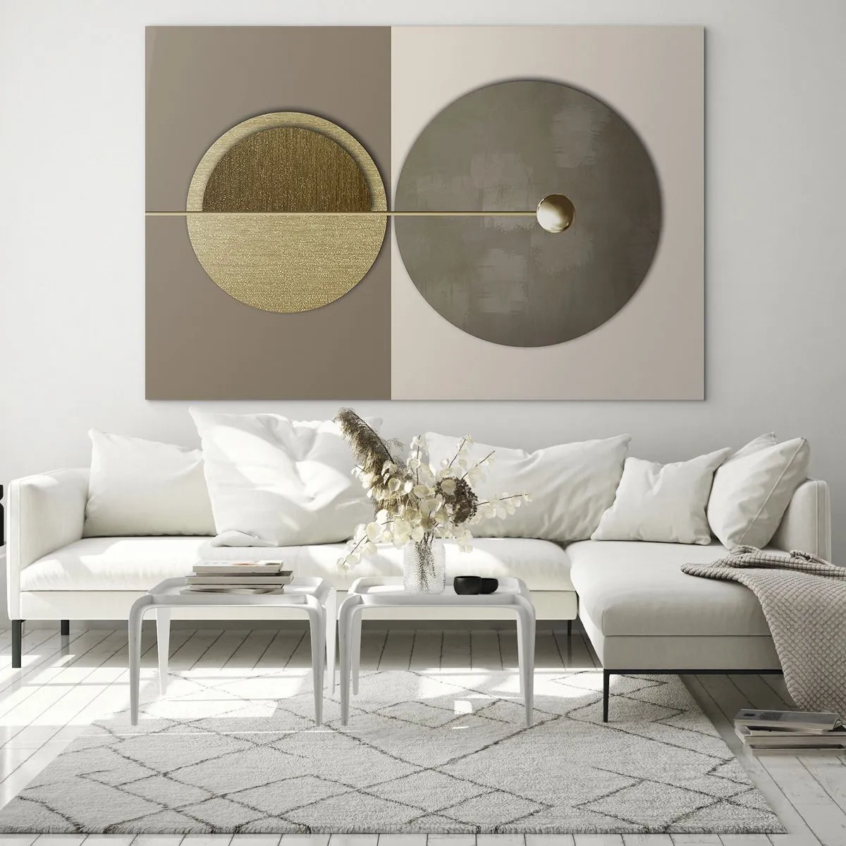 Impression sur verre - Image sur verre - Cercles et lignes dorés dans une composition harmonieuse - 70x50cm - Équilibre parfait - Décoration murale moderne pour le salon et la chambre ARTTOR