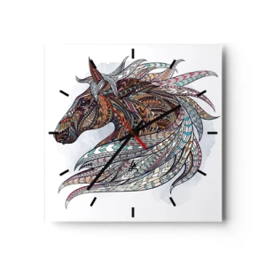 Horloge murale - Pendule murale - Un cheval géométrique avec une crinière colorée et détaillée - 30x30cm - Destrier guerrier celtique - Décoration murale moderne pour le salon et la chambre ARTTOR