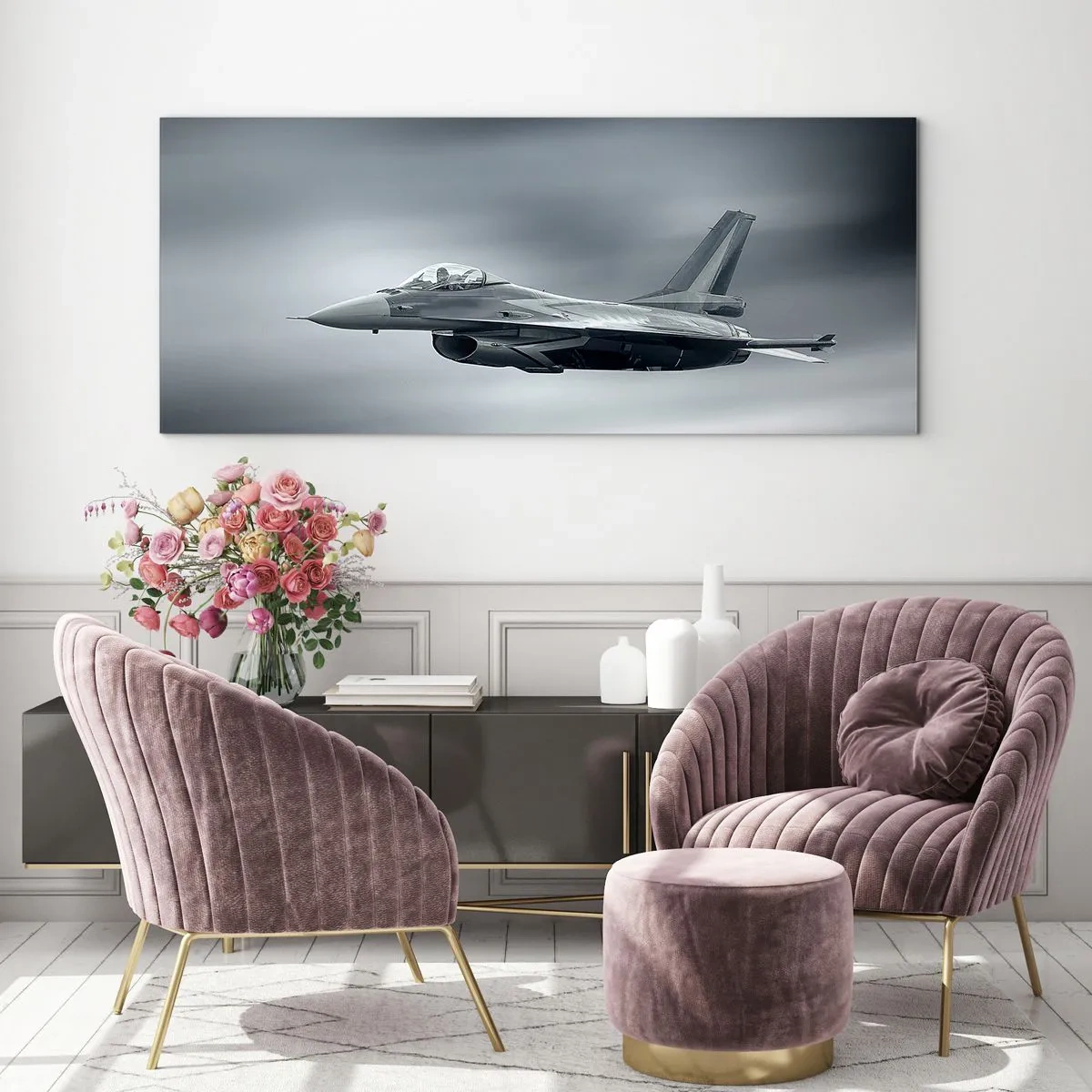 Impression sur verre - Image sur verre - Un avion de chasse en vol contre un ciel nuageux - 120x50cm - Acceptez-vous le défi? - Décoration murale moderne pour le salon et la chambre ARTTOR