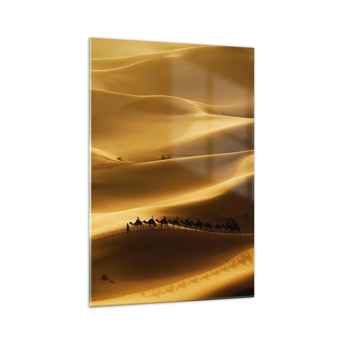 Impression sur verre - Image sur verre - Une caravane de chameaux errant à travers les dunes dorées du désert. - 70x100cm - Caravane sur les vagues du désert - Décoration murale moderne pour le salon et la chambre ARTTOR