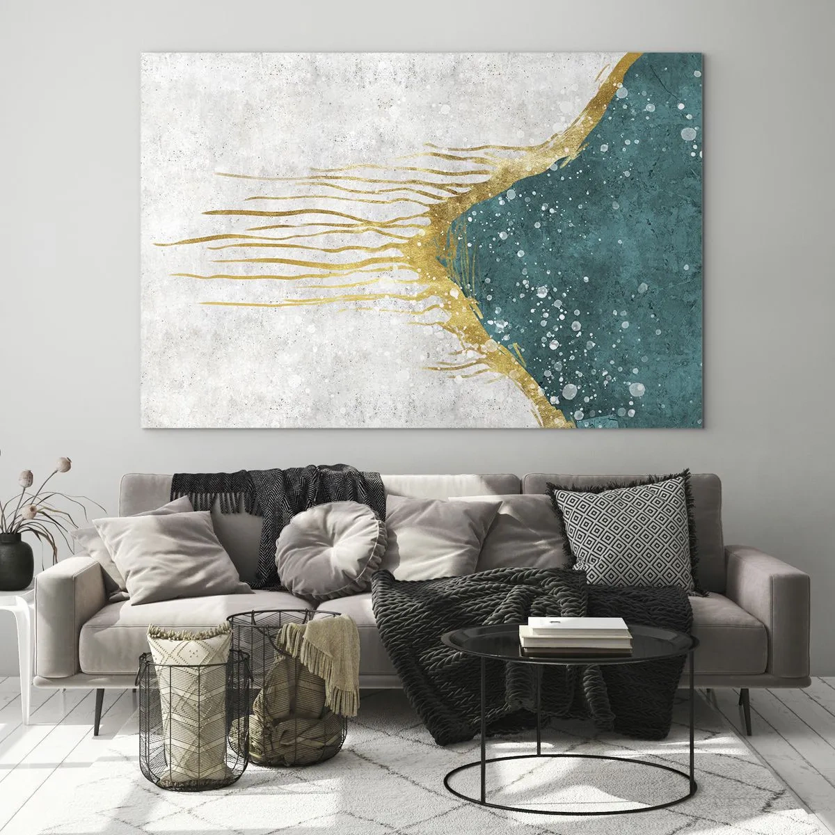 Impression sur verre - Image sur verre - Motif abstrait doré sur fond turquoise et blanc - 70x50cm - Marée dorée - Décoration murale moderne pour le salon et la chambre ARTTOR