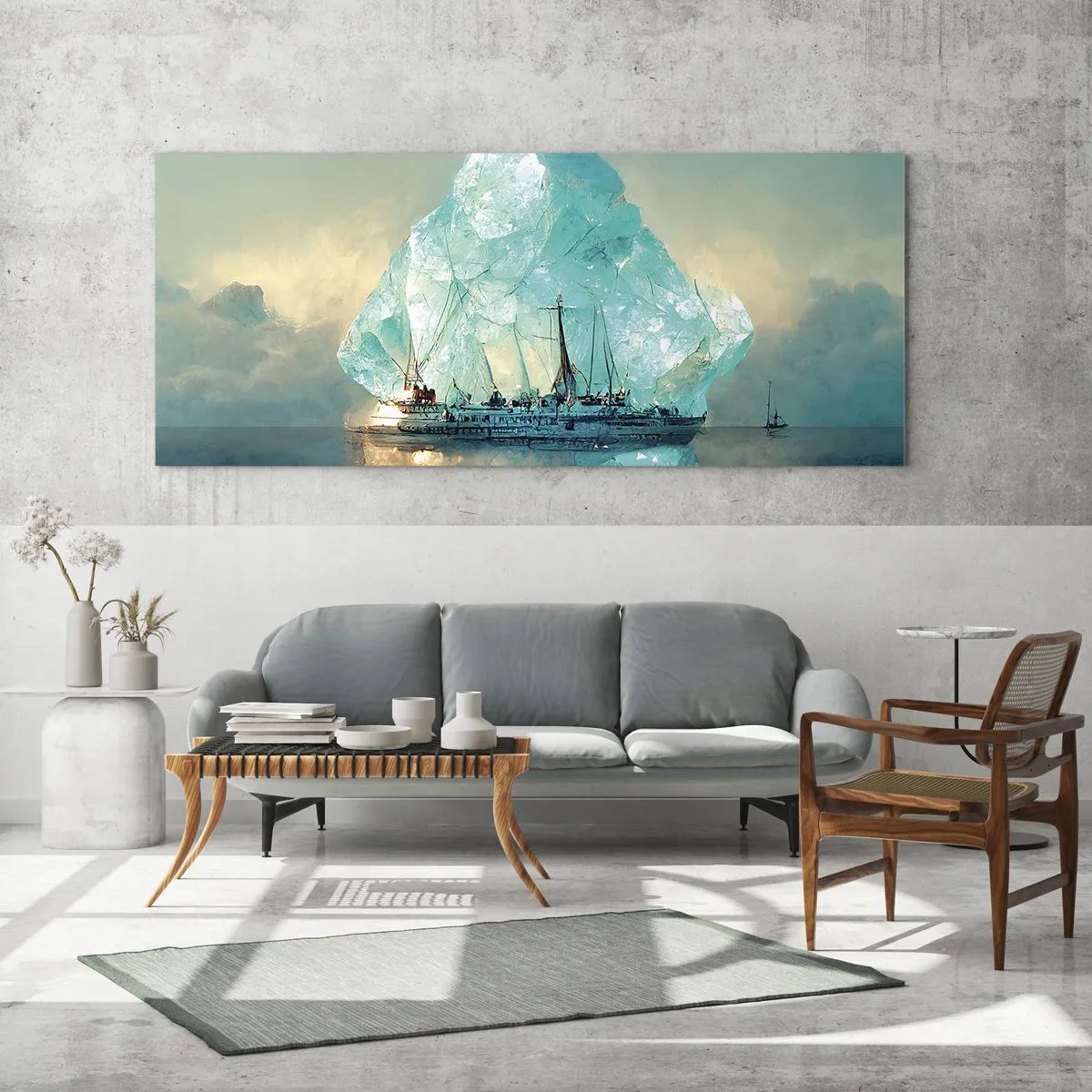 Impression sur verre - Image sur verre - Un navire avec un iceberg majestueux en arrière-plan - 160x50cm - Diamant arctique - Décoration murale moderne pour le salon et la chambre ARTTOR