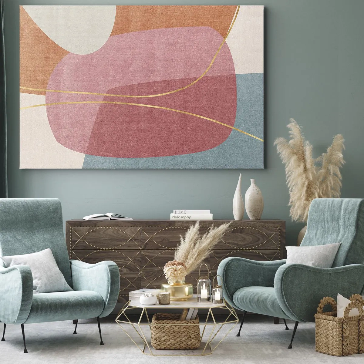 Impression sur toile - Image sur toile - Formes abstraites aux couleurs pastel avec des lignes délicates - 70x50cm - Composition pastel au fil d'or - Décoration murale moderne pour le salon et la chambre ARTTOR