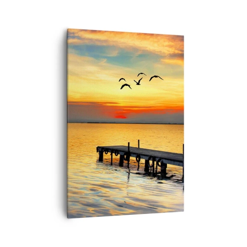 Impression sur toile - Image sur toile - Coucher de soleil avec un voilier et une jetée sur un lac calme - 70x100cm - Le soir revient - Décoration murale moderne pour le salon et la chambre ARTTOR