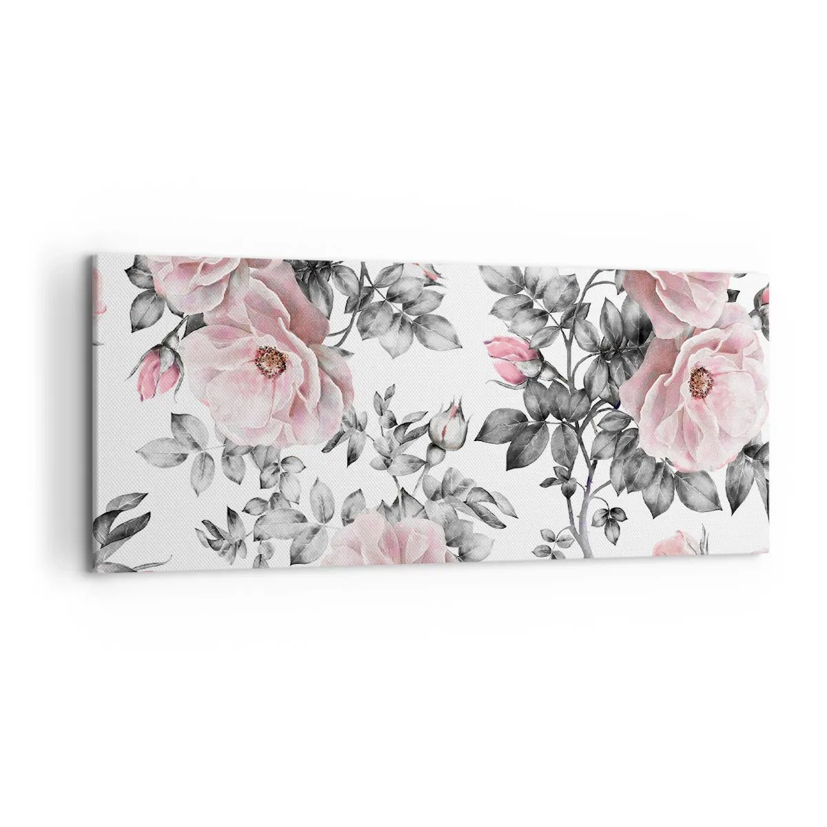 Impression sur toile - Image sur toile - Roses roses et feuilles sur un délicat fond noir et blanc - 120x50cm - Se perdre dans les fleurs des roses - Décoration murale moderne pour le salon et la chambre ARTTOR