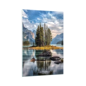 Impression sur verre - Image sur verre - Un paysage de montagne avec une île entourée d'un lac calme - 70x100cm - Sous les grandes eaux claires - Décoration murale moderne pour le salon et la chambre ARTTOR