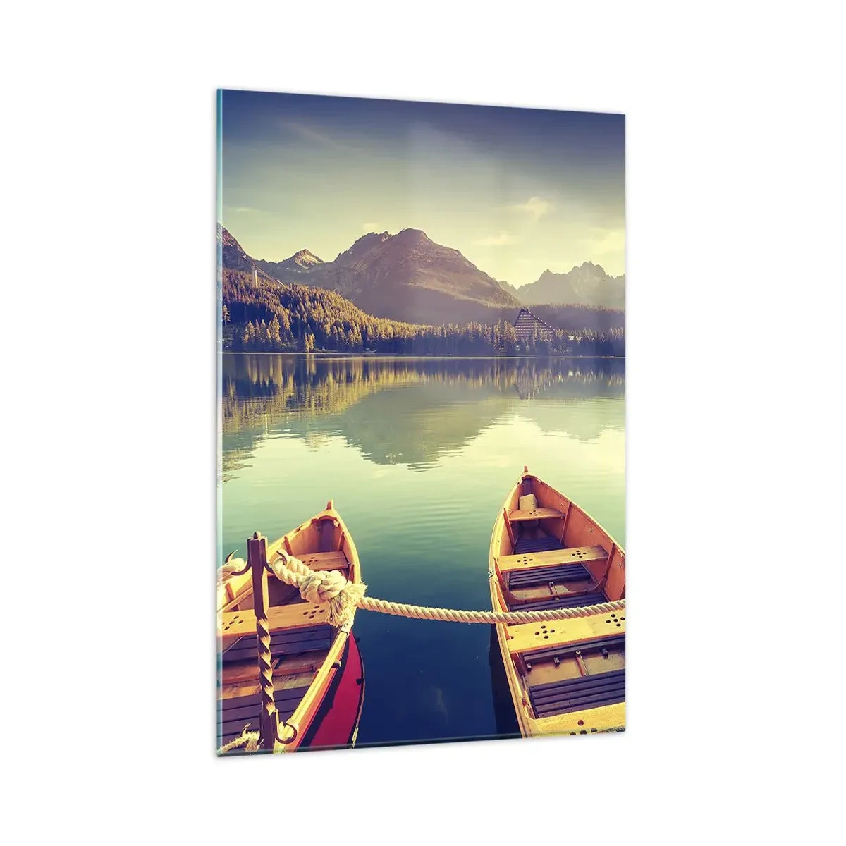 Impression sur verre - Image sur verre - Bateaux sur un lac calme entouré de montagnes au coucher du soleil - 80x120cm - Vivre selon ses règles - Décoration murale moderne pour le salon et la chambre ARTTOR