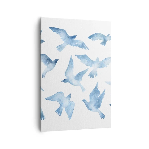 Impression sur toile - Image sur toile - Une aquarelle subtile représentant des oiseaux en vol - 70x100cm - Oiseaux bleus - Décoration murale moderne pour le salon et la chambre ARTTOR