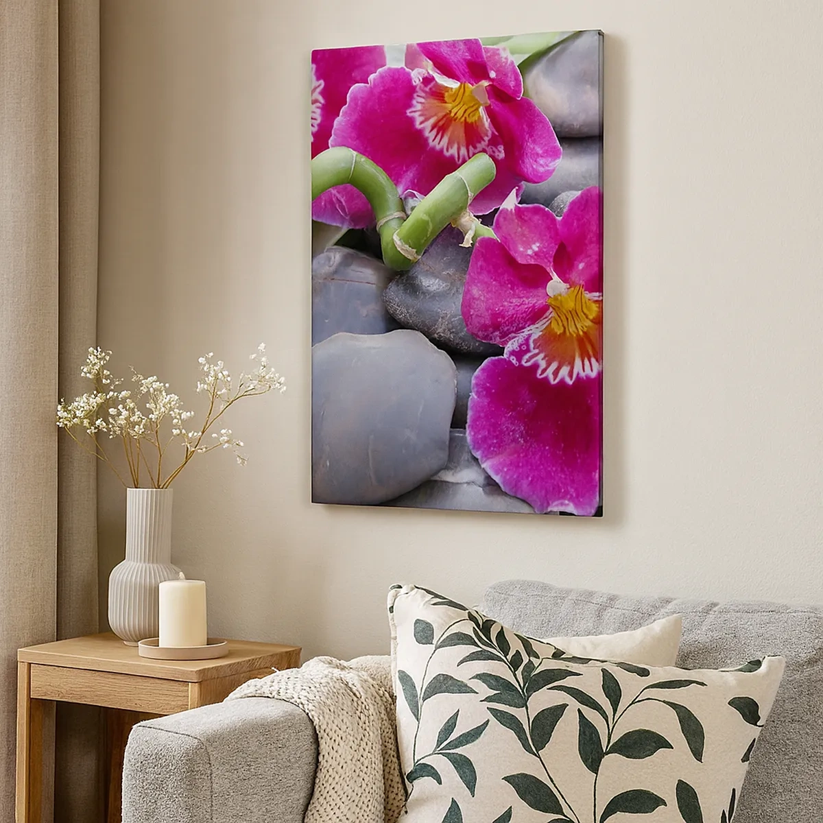Impression sur toile - Image sur toile - Orchidées roses sur fond de pierres lisses - 50x70cm - Refroidir et chauffer - Décoration murale moderne pour le salon et la chambre ARTTOR