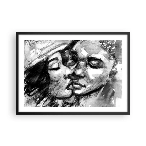 Affiche dans un cadre noir - Poster - Une aquarelle en noir et blanc représentant un moment intime entre deux personnes. - 70x50cm - Un moment tendre - Décoration murale moderne pour le salon et la chambre ARTTOR